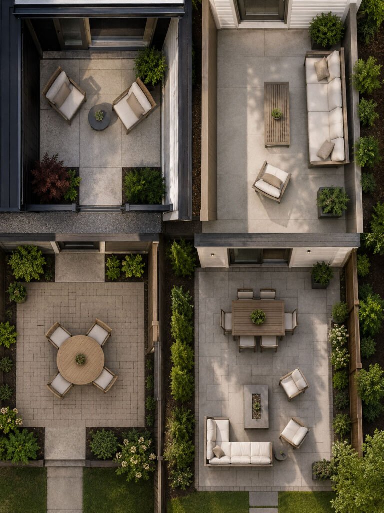 Overhead views of several small and medium patios arranged with appropriately scaled outdoor furniture