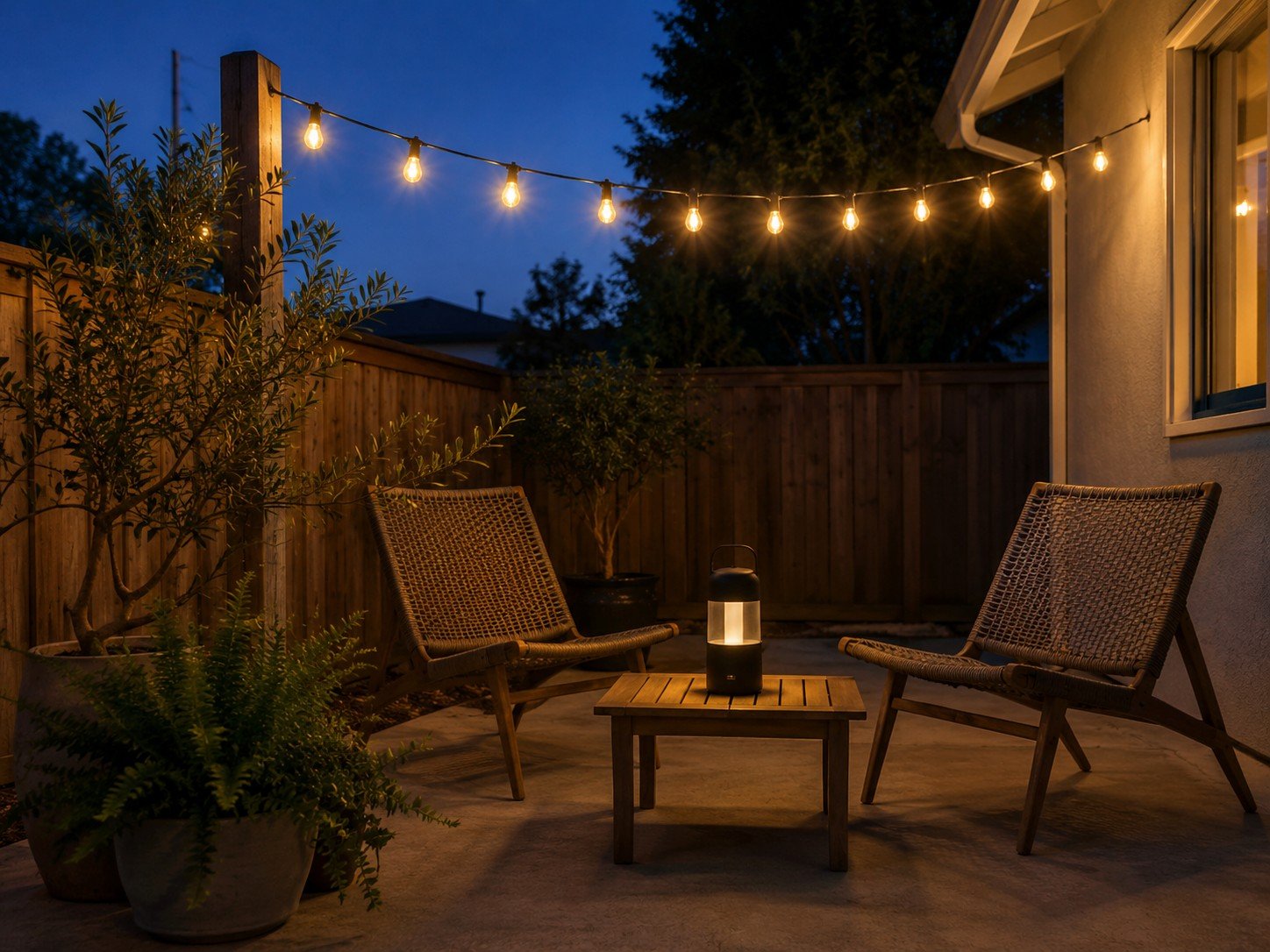 Small concrete patio at dusk lit by a strand of warm solar string lights overhead and a rechargeable lantern on a low table