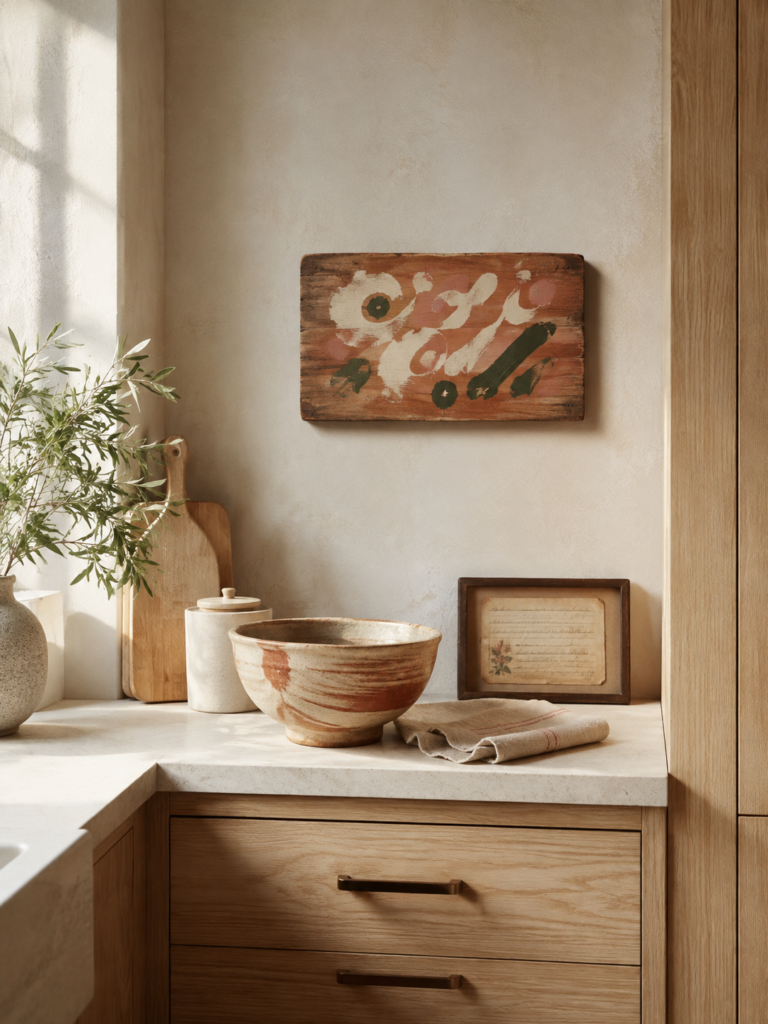 A unique hand-painted wooden sign hanging above a pale oak counter with a few personal and nostalgic kitchen objects.