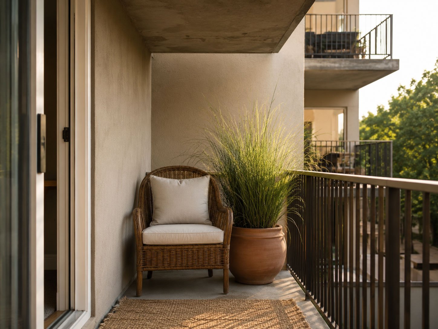 Apartment balcony seating corner shaded by a cream fabric sail above with a tall slatted wood screen along one side