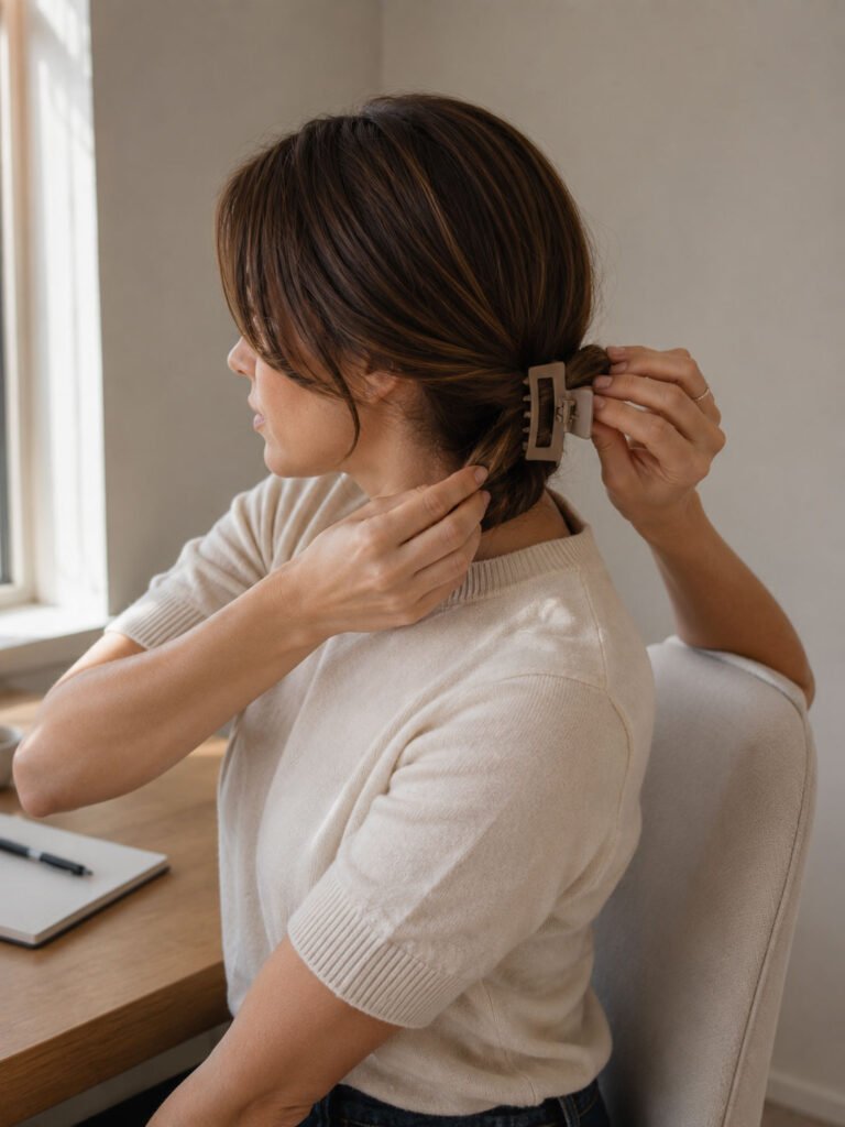 Woman twisting the ends of her layered hair into a low clip at a desk
