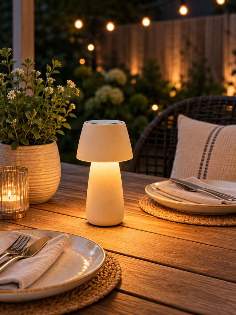 Small cordless LED table lamp with a warm glow sitting beside two plates on an outdoor dining table in the evening
