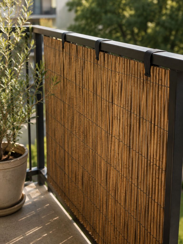 Natural reed privacy screen tied along the inside of a metal balcony railing, ending at the top of the rail