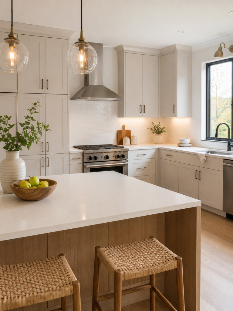 Staged kitchen for a home sale with neutral decor, clear countertops, and personalized signs removed for buyer viewings