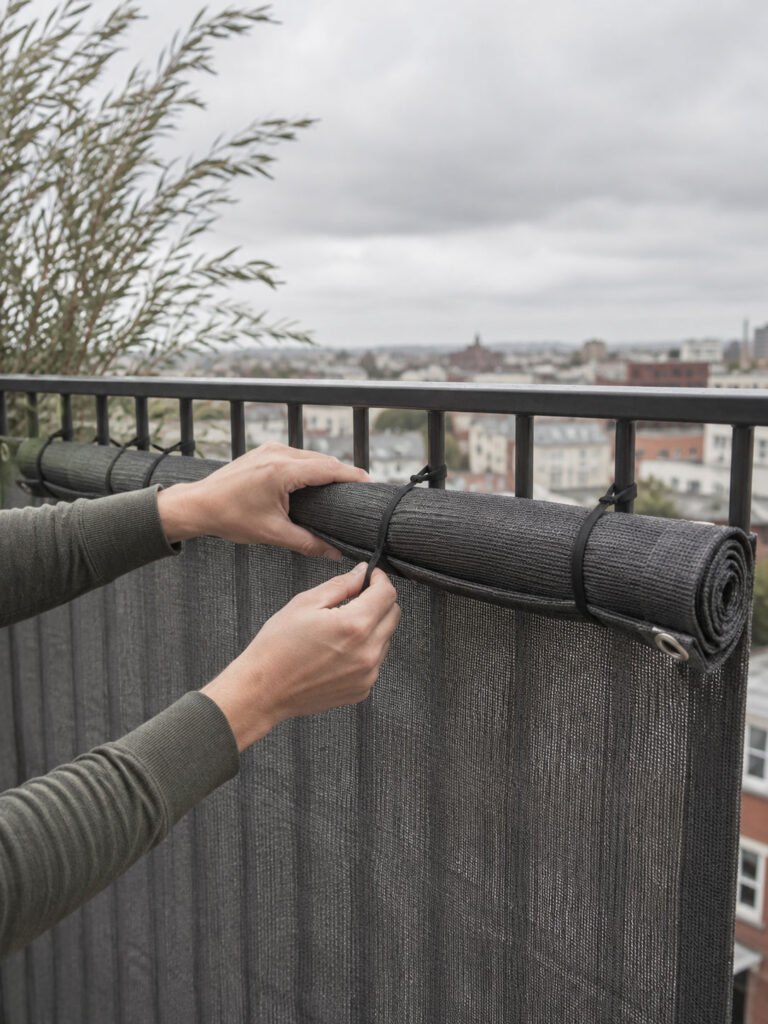 Person rolling a mesh shade panel upward and securing it with a tie on a high balcony under a gray sky