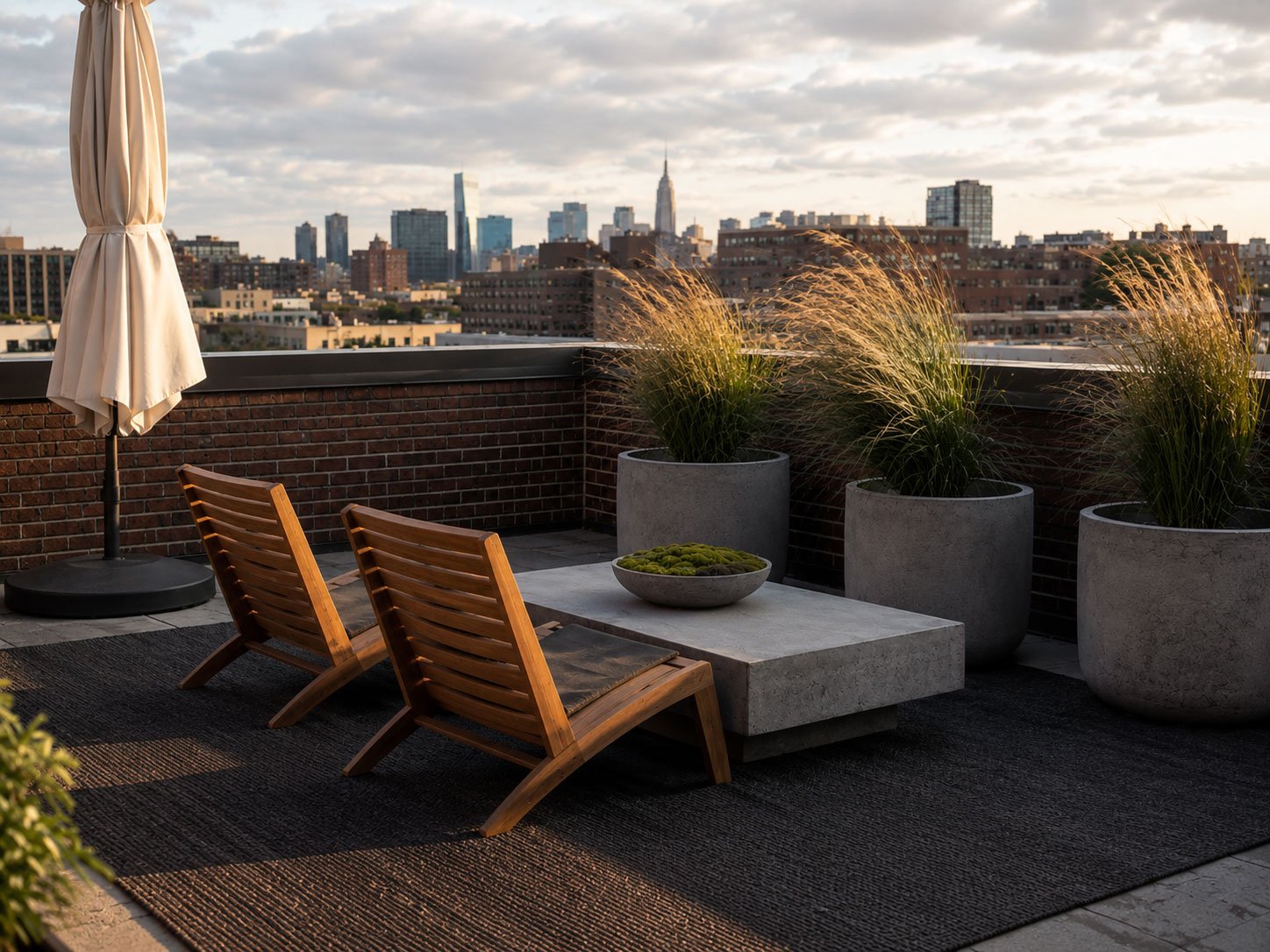 Low slatted wood lounge chairs and wide concrete planters on a city rooftop with a closed umbrella beside them