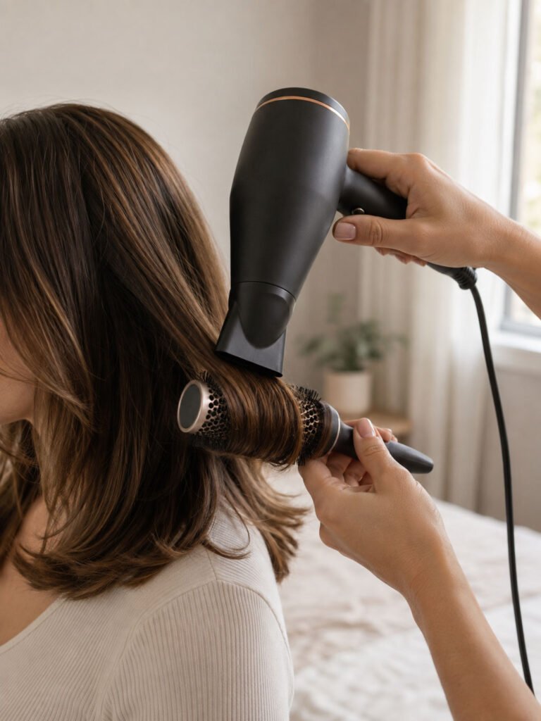 Hands using a round brush and hair dryer to curve the ends of layered hair under