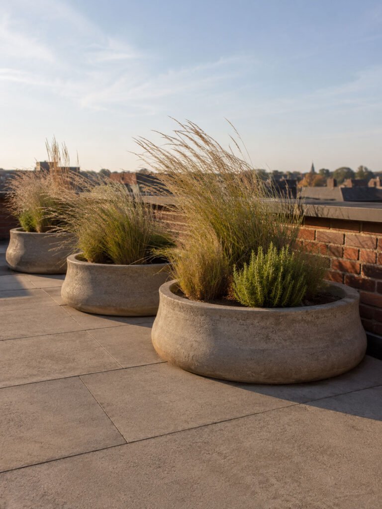 Three wide concrete planters filled with ornamental grasses lined up along a low rooftop wall