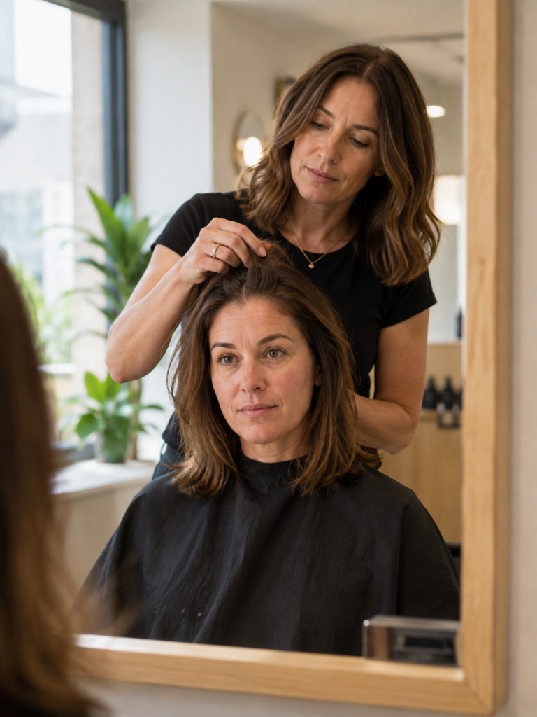 Hairstylist and client looking at the client's hairline in a salon mirror during a consultation before cutting.
