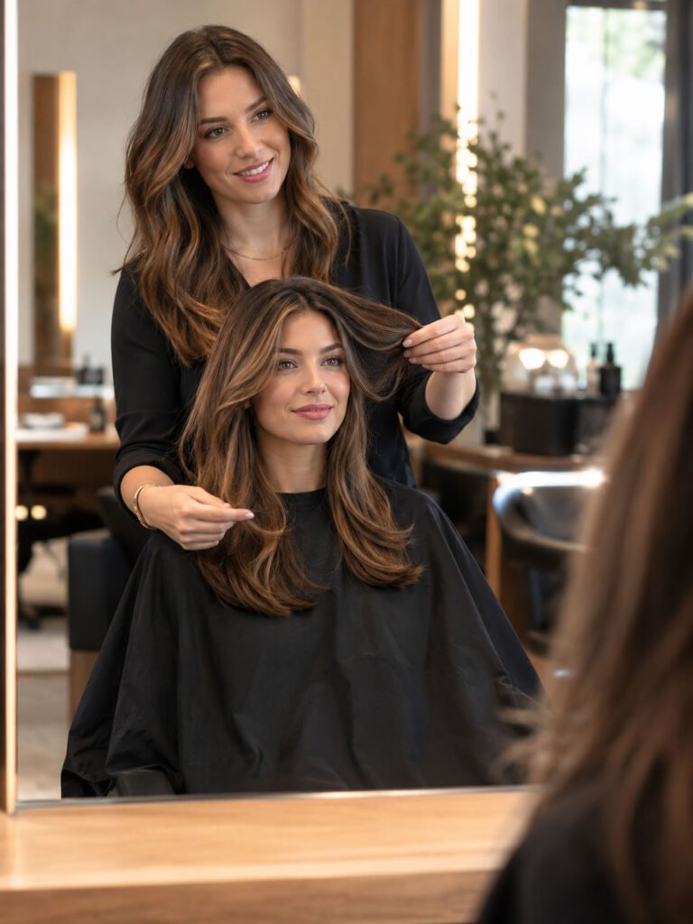 Stylist holding a section of a client's layered hair while both look in the salon mirror