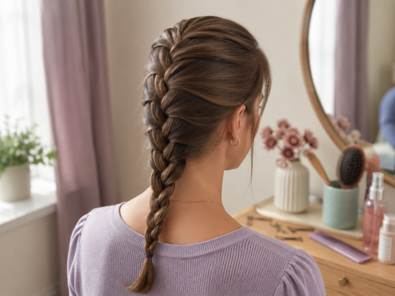 Secure French braid styled on fine smooth brown hair