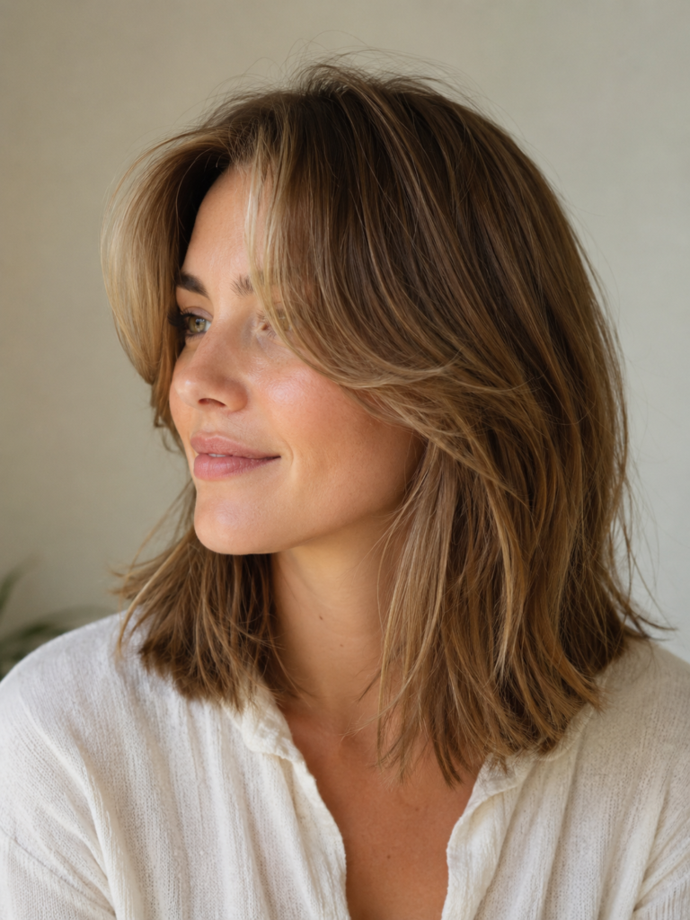 Woman with shoulder length hair wearing a long curtain fringe that sweeps across both temples and reaches her cheekbones. 