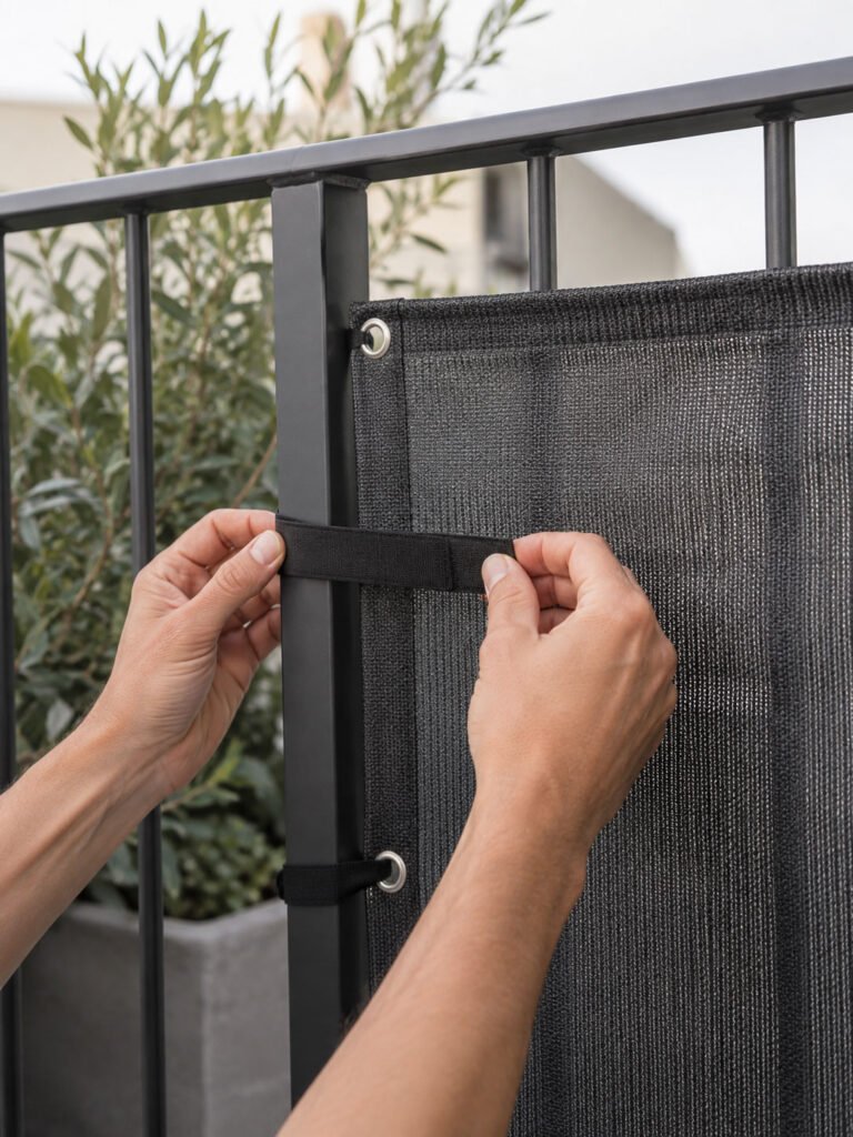 Hands fastening a dark mesh privacy panel to a metal balcony railing using a black fabric strap