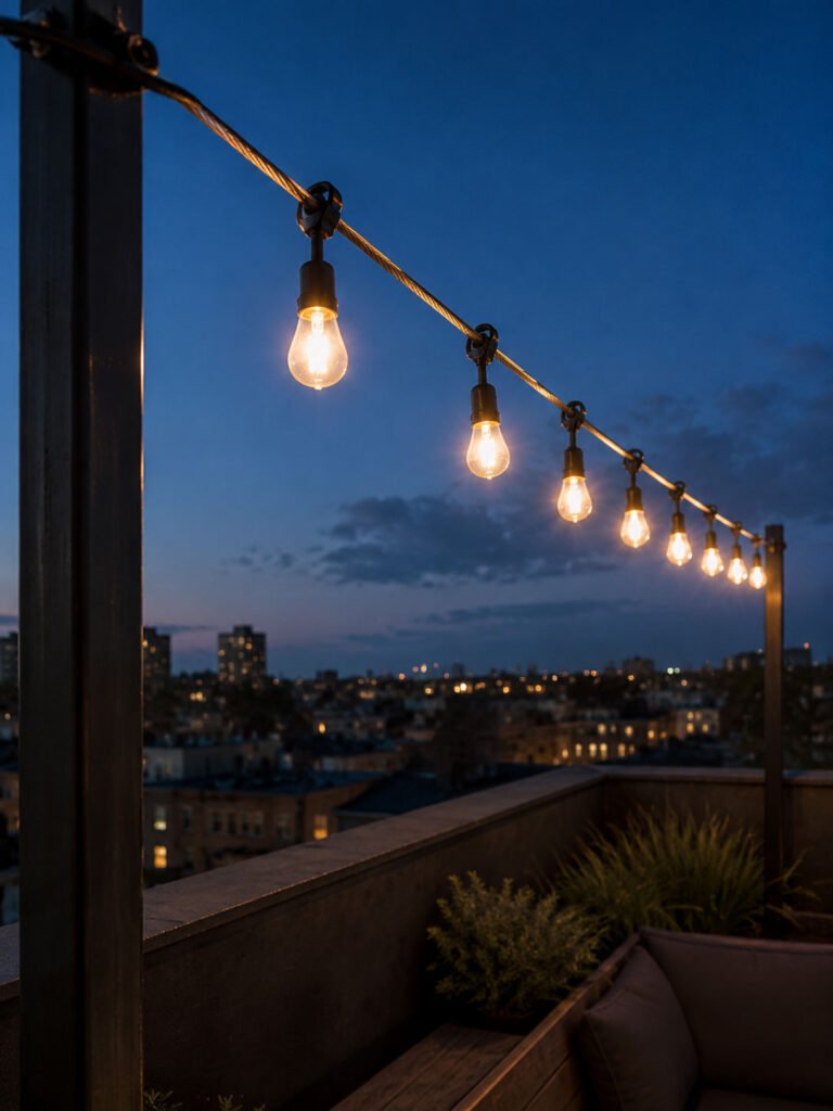 Warm string lights fastened along a taut steel cable above a rooftop seating area at dusk