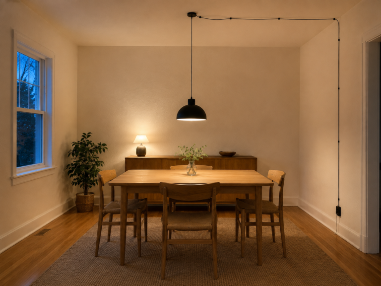 Dining table lit by a fabric cord pendant swagged from a ceiling hook, with the cord running to a wall outlet