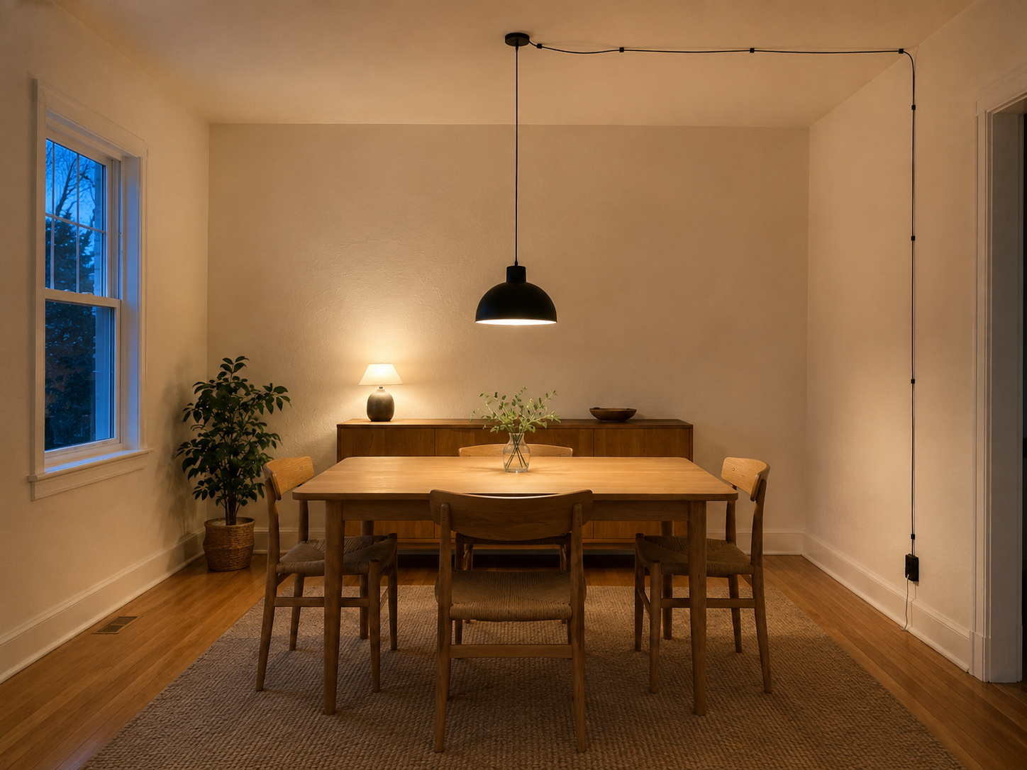 Dining table lit by a fabric cord pendant swagged from a ceiling hook, with the cord running to a wall outlet
