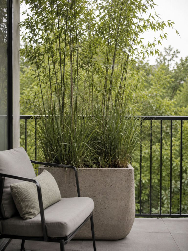Tall ornamental grasses growing in a wide stone planter positioned next to a balcony chair to screen the view from one side