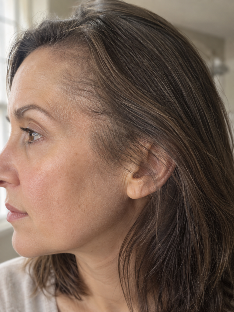 Close side view of a woman's hairline showing the sparse area between the eyebrow and the ear, with shoulder length hair swept softly across it.