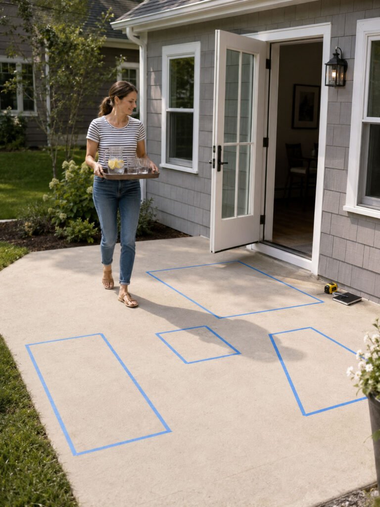 Empty patio marked with painter's tape to test furniture positions before buying