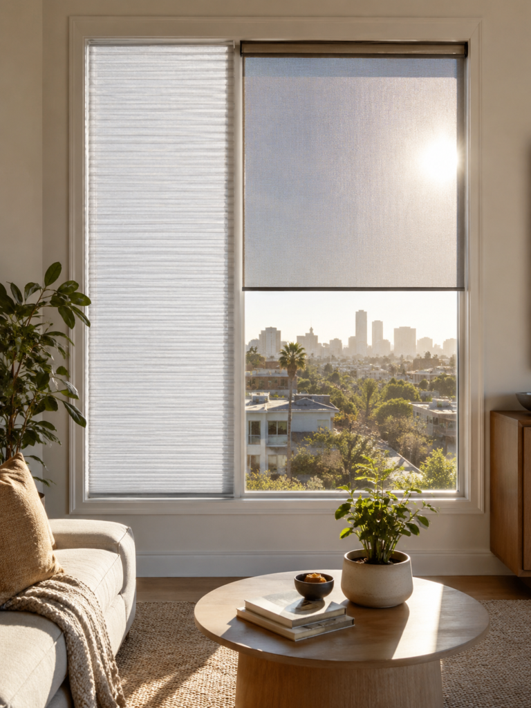 Cellular shades and solar screen roller shades reducing heat and glare on a large sunlit window.