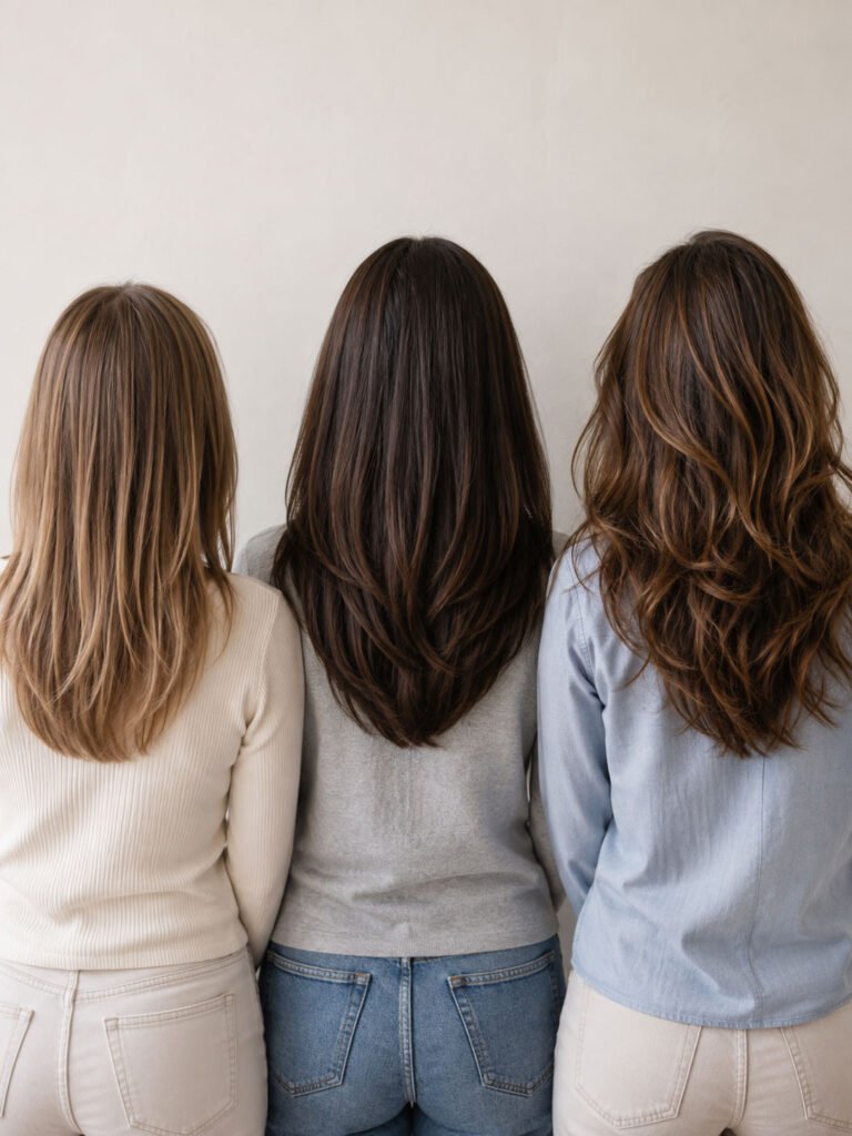 Three women with fine straight, thick straight and wavy layered hair standing together