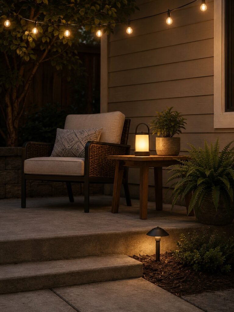 [Vertical view of a patio corner showing string lights above, a lantern on a side table and a small path light beside the step