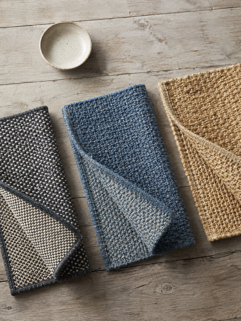 Three folded outdoor rug corners laid side by side on a wooden surface showing a flat synthetic weave, a recycled fiber weave and a natural jute weave