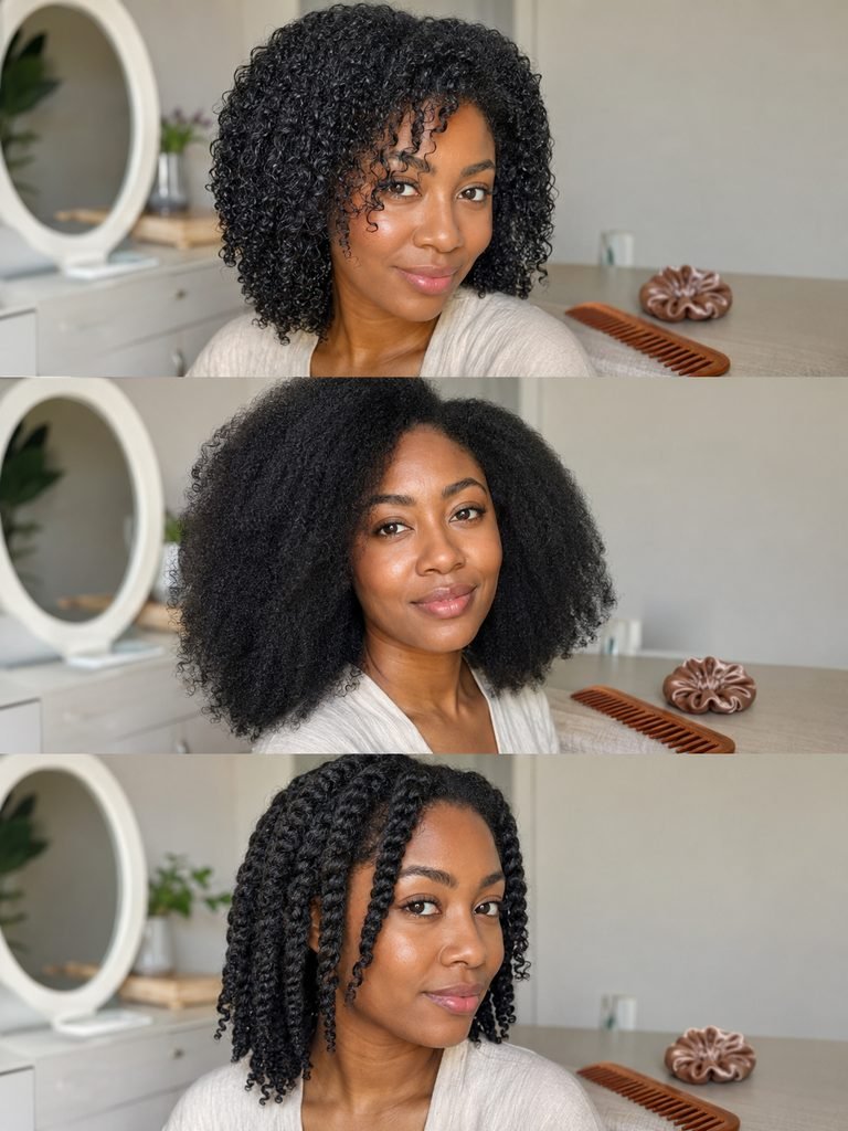 The same woman shown with wet defined curls, stretched hair, and loose two-strand twists