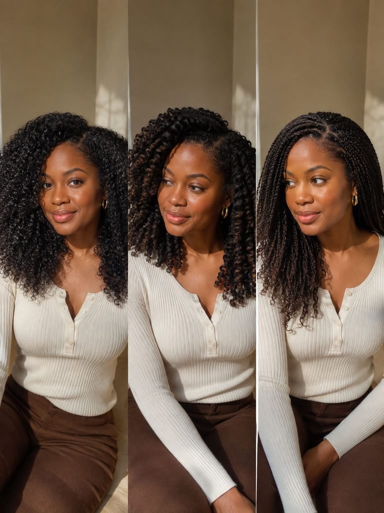 The same woman wears a wash-and-go, twist-out, and loose-rooted mini twists