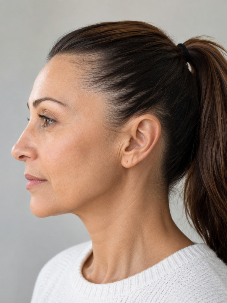 Woman wearing a tightly pulled back ponytail with the hair drawn away from the temples so the hairline is fully exposed.