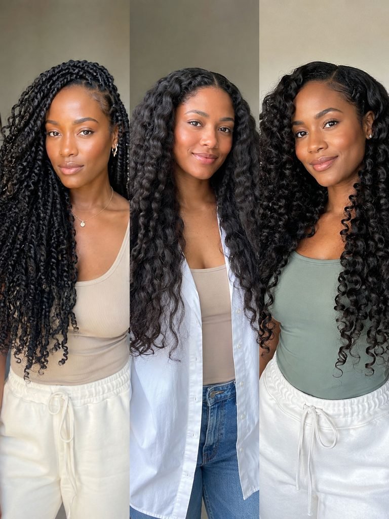 Three women display an elongated twist-out, braid-out, and long flexi-rod set