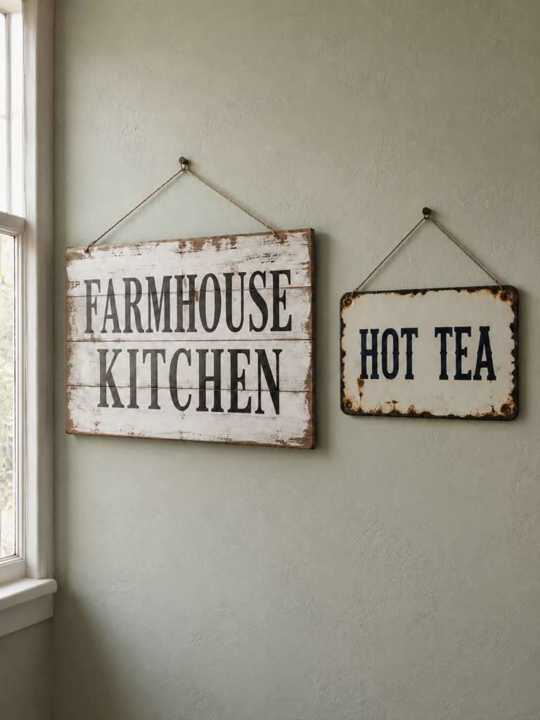 A mass-produced distressed wood slogan plaque hanging beside a hand-painted vintage enamel kitchen sign on a pale wall.