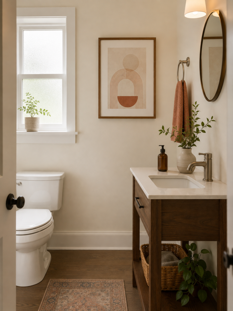 Simple framed art in a dry powder room with no shower