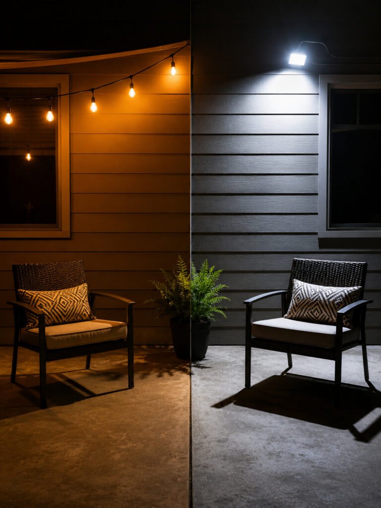 Patio at night lit on one side by soft amber string lights and on the other by a stark white floodlight casting hard shadows