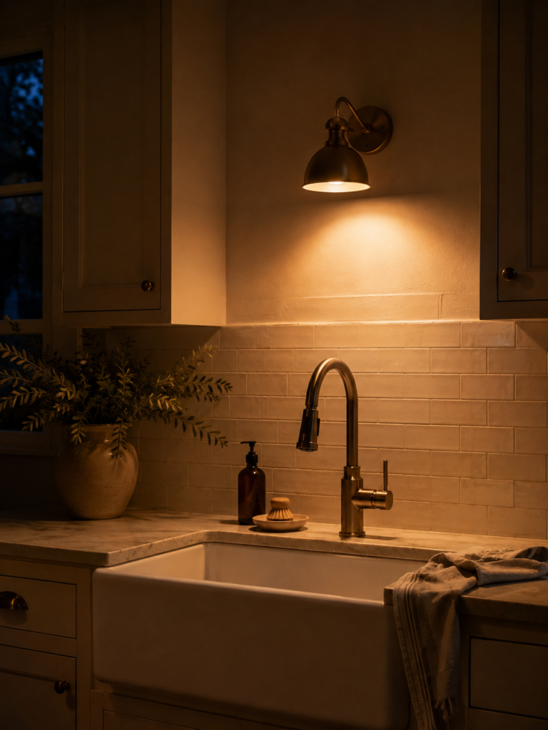 Small wall light glowing above a kitchen sink at dusk with warm light falling onto the counter