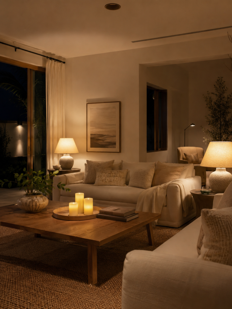 Warm living room lighting with LED table lamps and flameless candles creating a cozy atmosphere without extra heat.