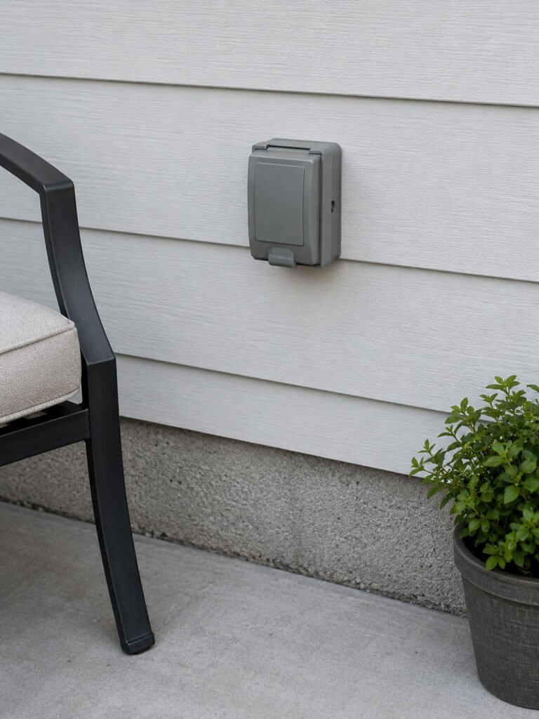 Gray weatherproof outdoor receptacle cover mounted on a house wall above a concrete patio with a chair leg visible at the edge]