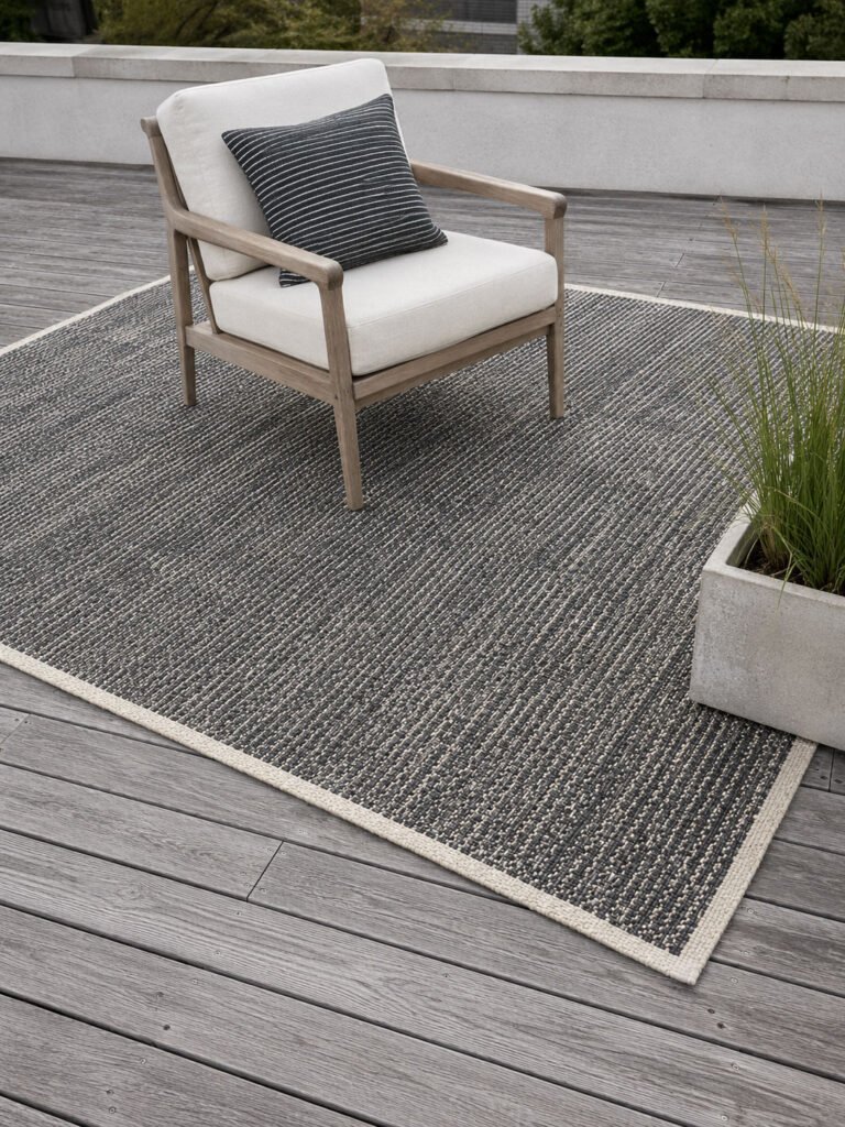 A flat woven outdoor rug on a roof deck with all four chair legs on it and a heavy planter holding one corner