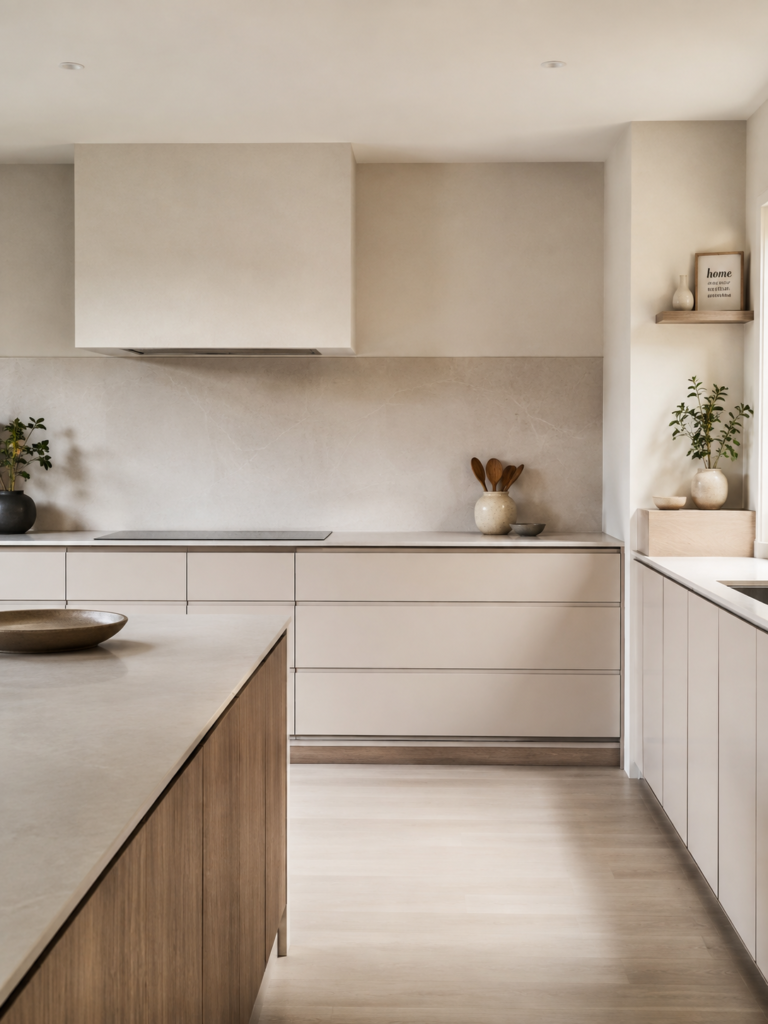Minimalist 2026 kitchen with flat-front cabinets, neutral surfaces, and one intentional decorative sign.