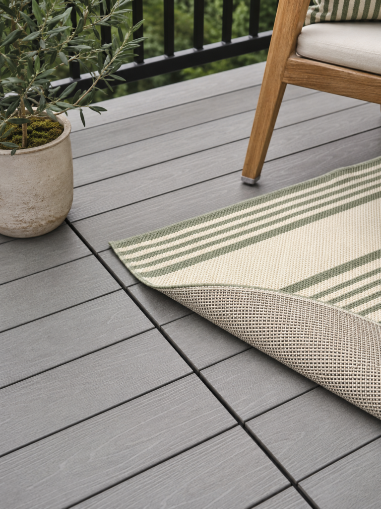 The corner of an outdoor rug turned back on grey composite decking, showing an open woven underside and clean boards below