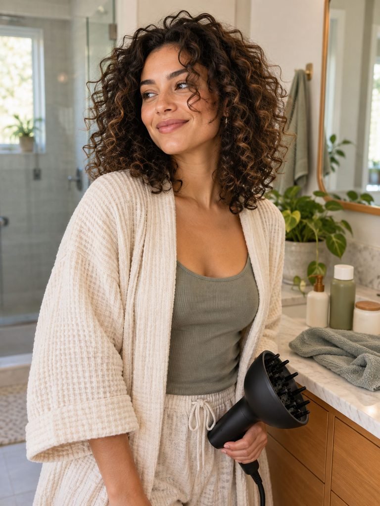 Woman wearing naturally defined shoulder length layered curls while holding a diffuser beside a bathroom counter