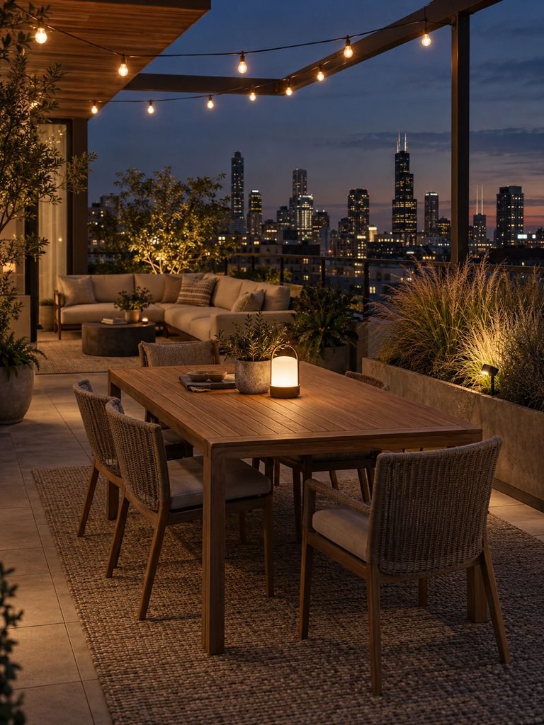 Warm string lights, table lighting and planter accent lights layered on a rooftop terrace