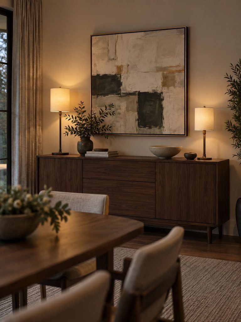 Framed artwork and lamps arranged as one composition above a walnut sideboard