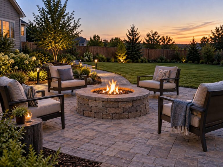 Round stone fire pit on a paver patio surrounded by four outdoor chairs in an open backyard