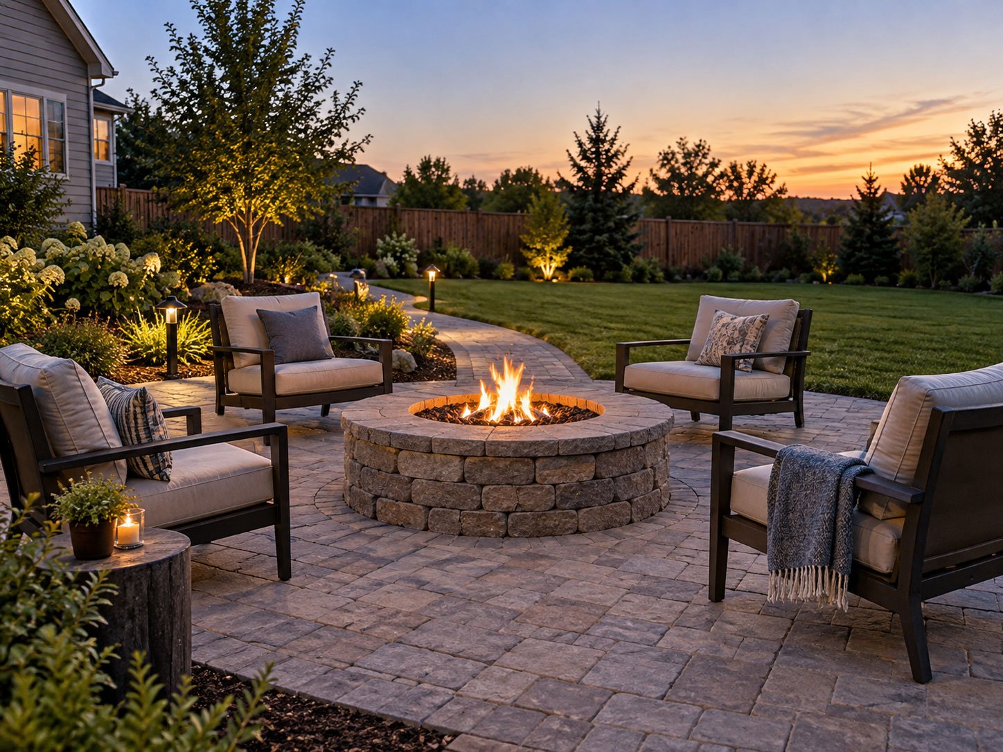 Round stone fire pit on a paver patio surrounded by four outdoor chairs in an open backyard
