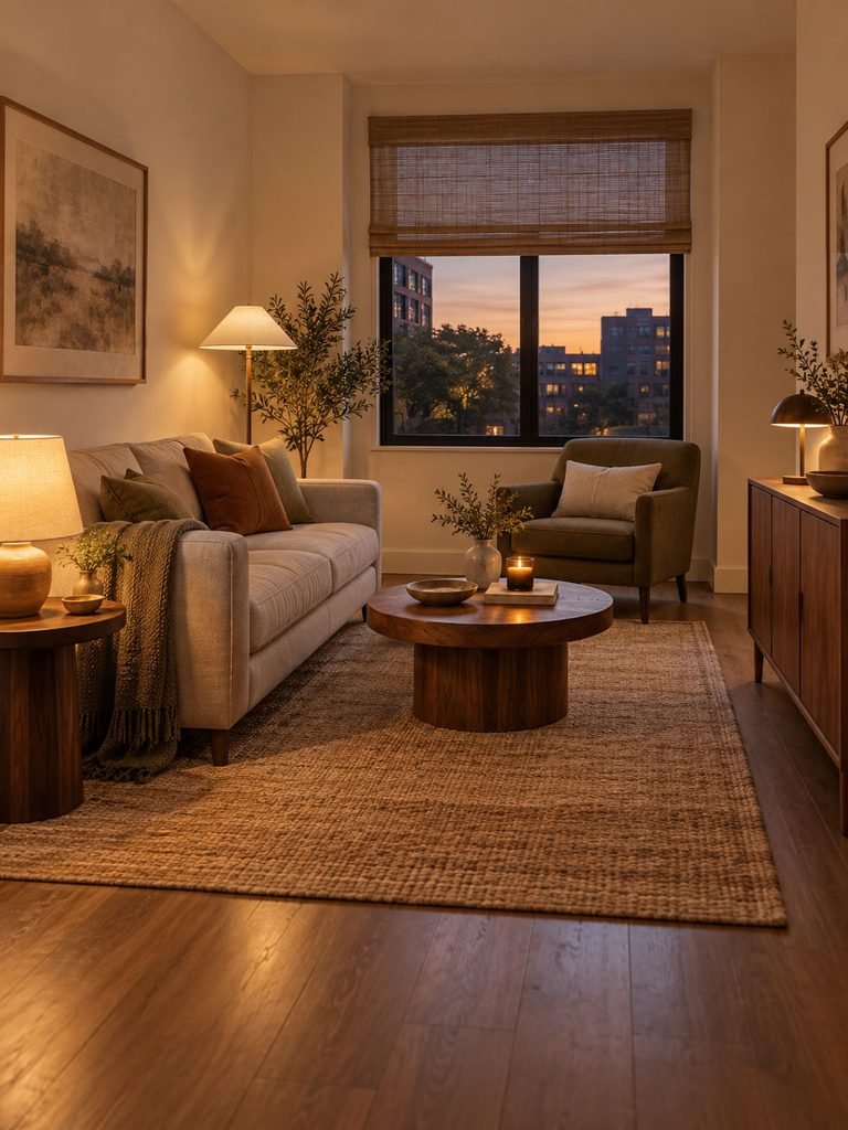 Warm compact living room with clear floor space, layered light and simple textured furnishings