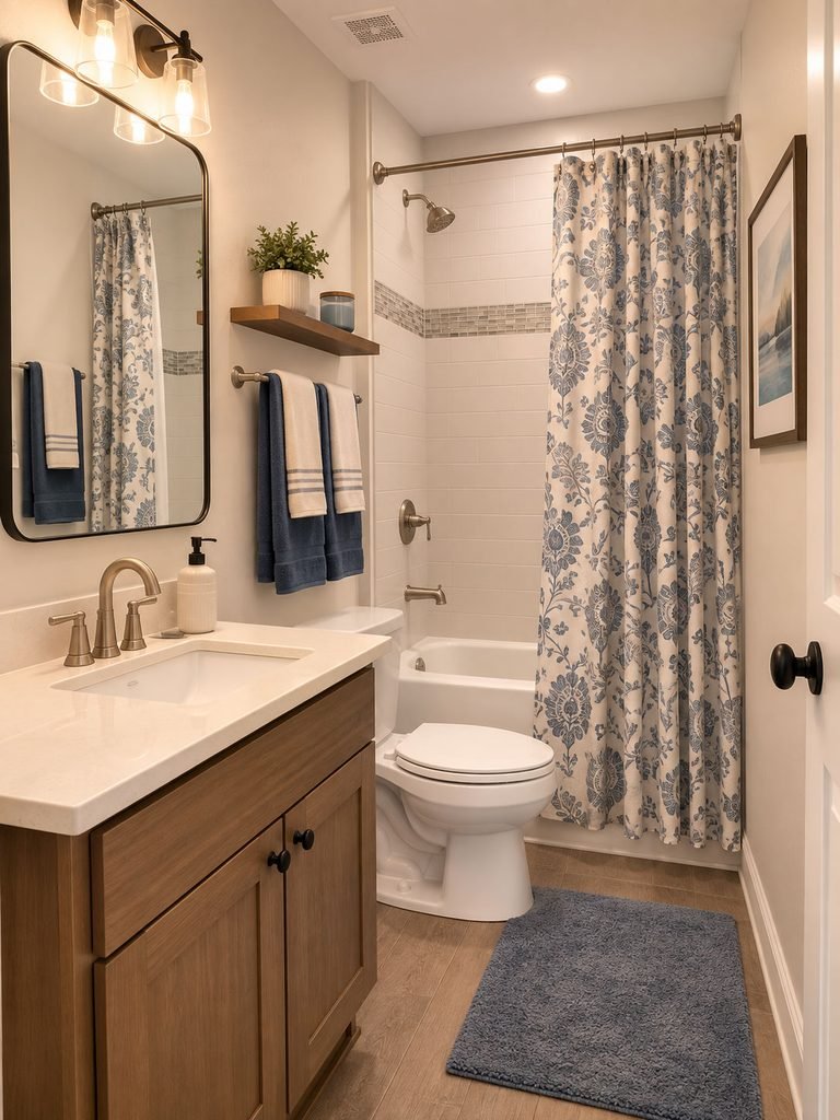 Compact bathroom with large mirror, shallow shelf, patterned curtain and coordinated towels