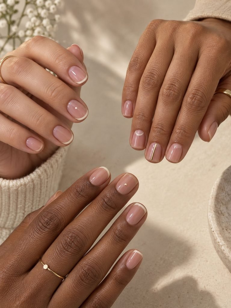 Short round, square and squoval nails with fine French tips, negative space and small centered details