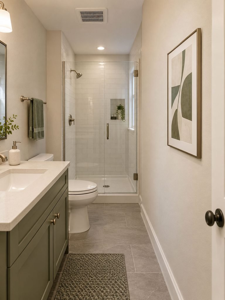 Single vertical framed abstract print on a dry bathroom wall away from the shower