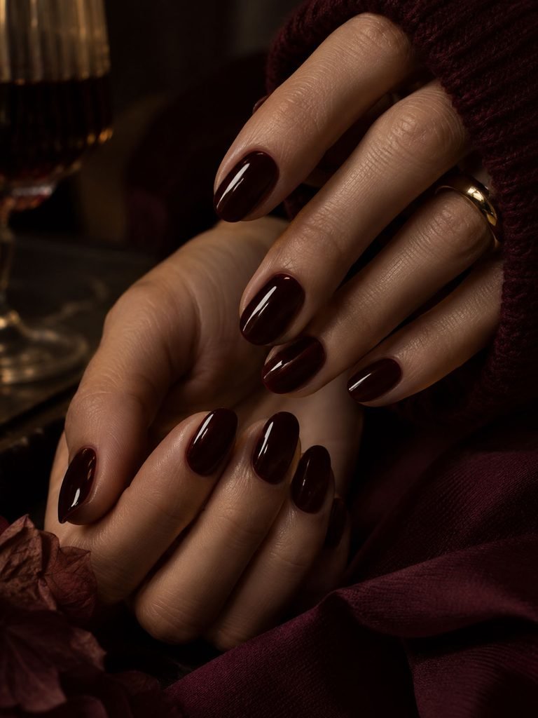 Deep glossy black cherry manicure